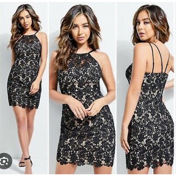 NEW GUESS BLACK DEIRDRE HALTER LACE DRESS SIZE XS - Picture 1 of 7